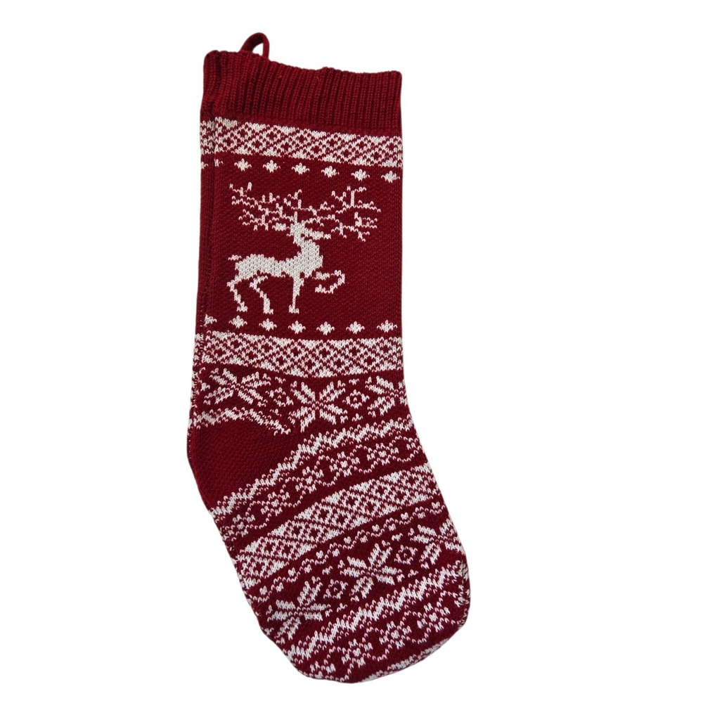 Fair Isle Knitted Christmas Stocking Nordic Deer Red Cream Holiday Christmas Ski